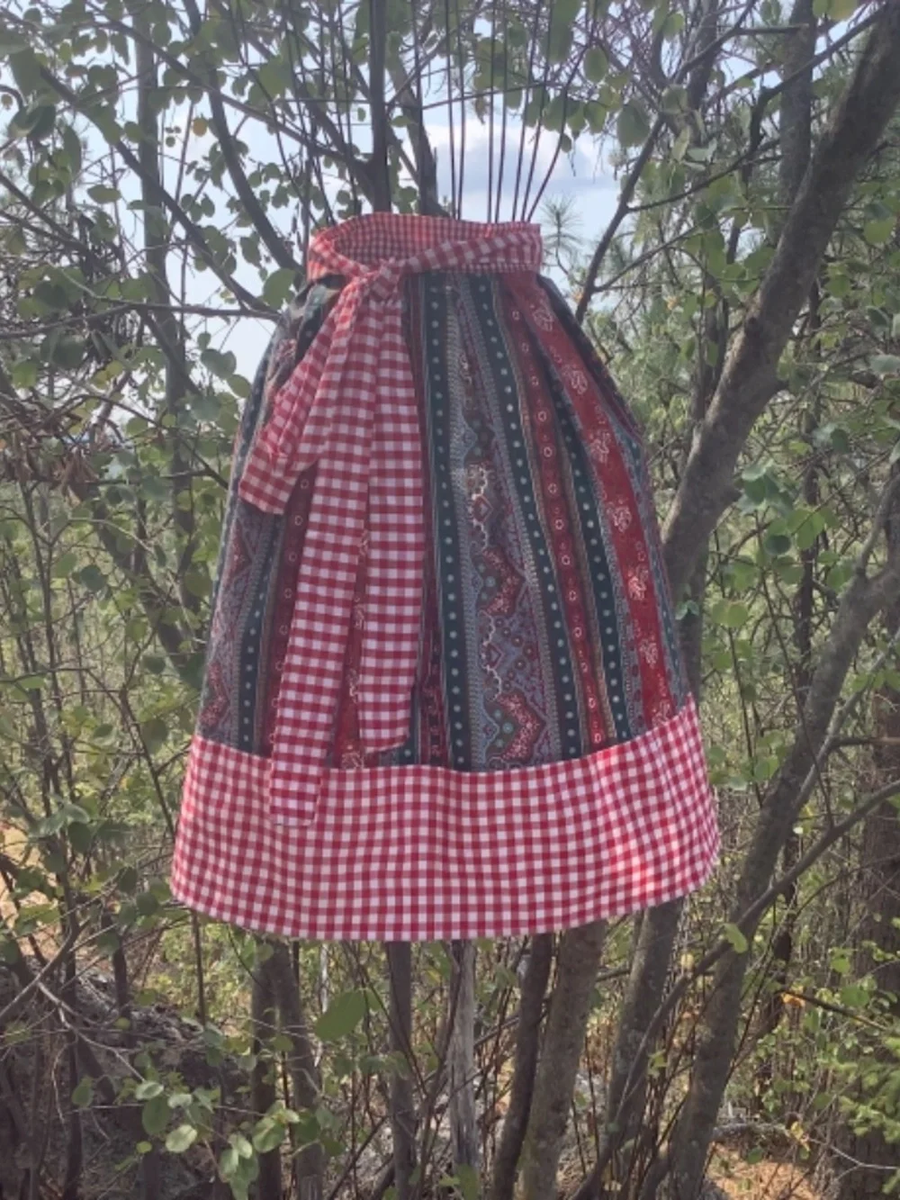 Red Check Straps Green Floral Stripe Apron Costume Kitchen Peasant Oktoberfest